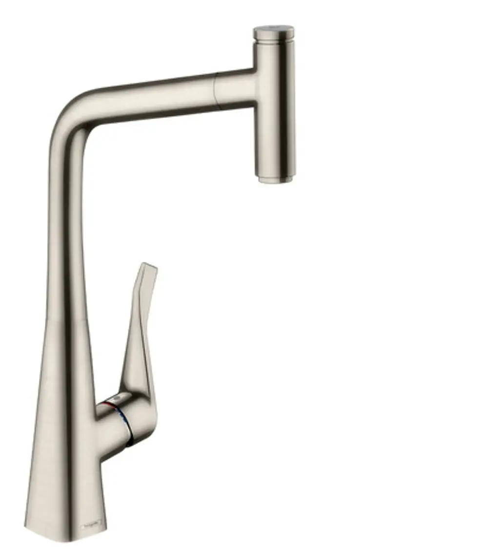 Hansgrohe Spültischmischer mit einem schlanken Design, Ausziehfunktion und einem einarmigen Hebel zur Steuerung von Wasserfluss und Temperatur.